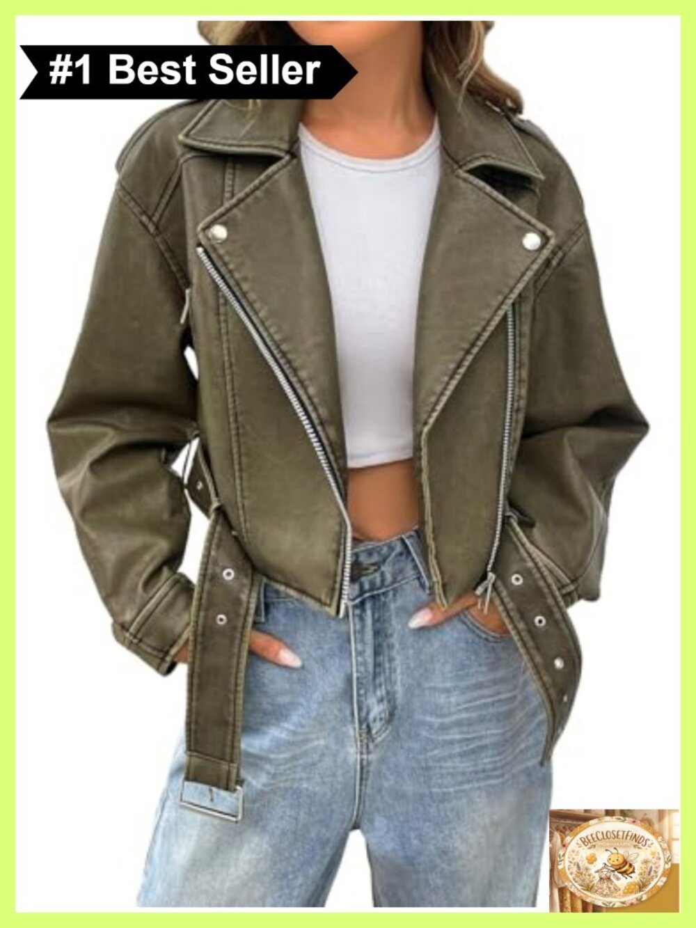 Faux Leather Cropped Moto Biker Jacket Vegan Belted Zipper Women